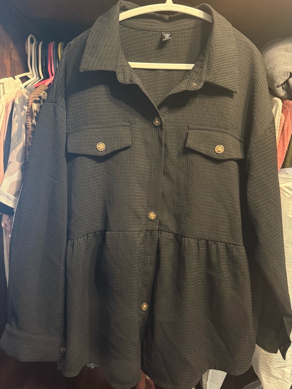 Black Waffle Button-Front Peplum Shirt